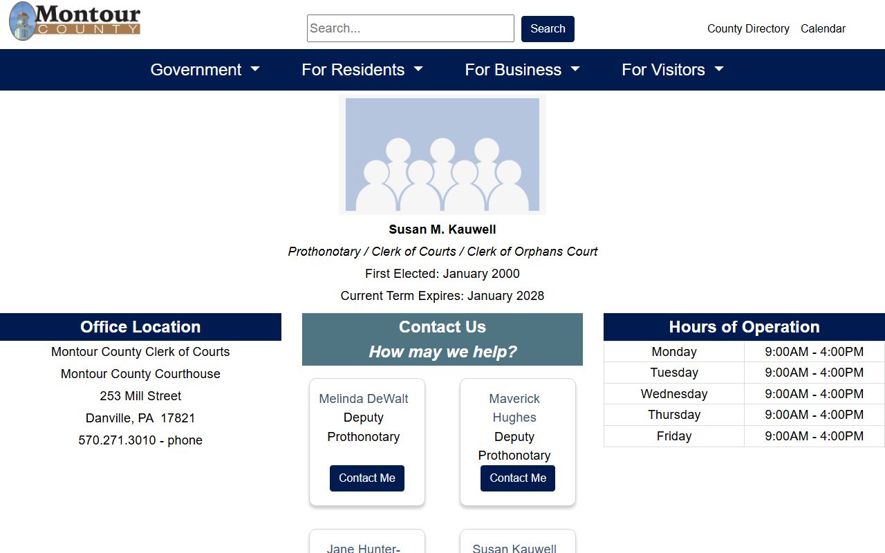 Montour County criminal court records Clerk of Courts page
