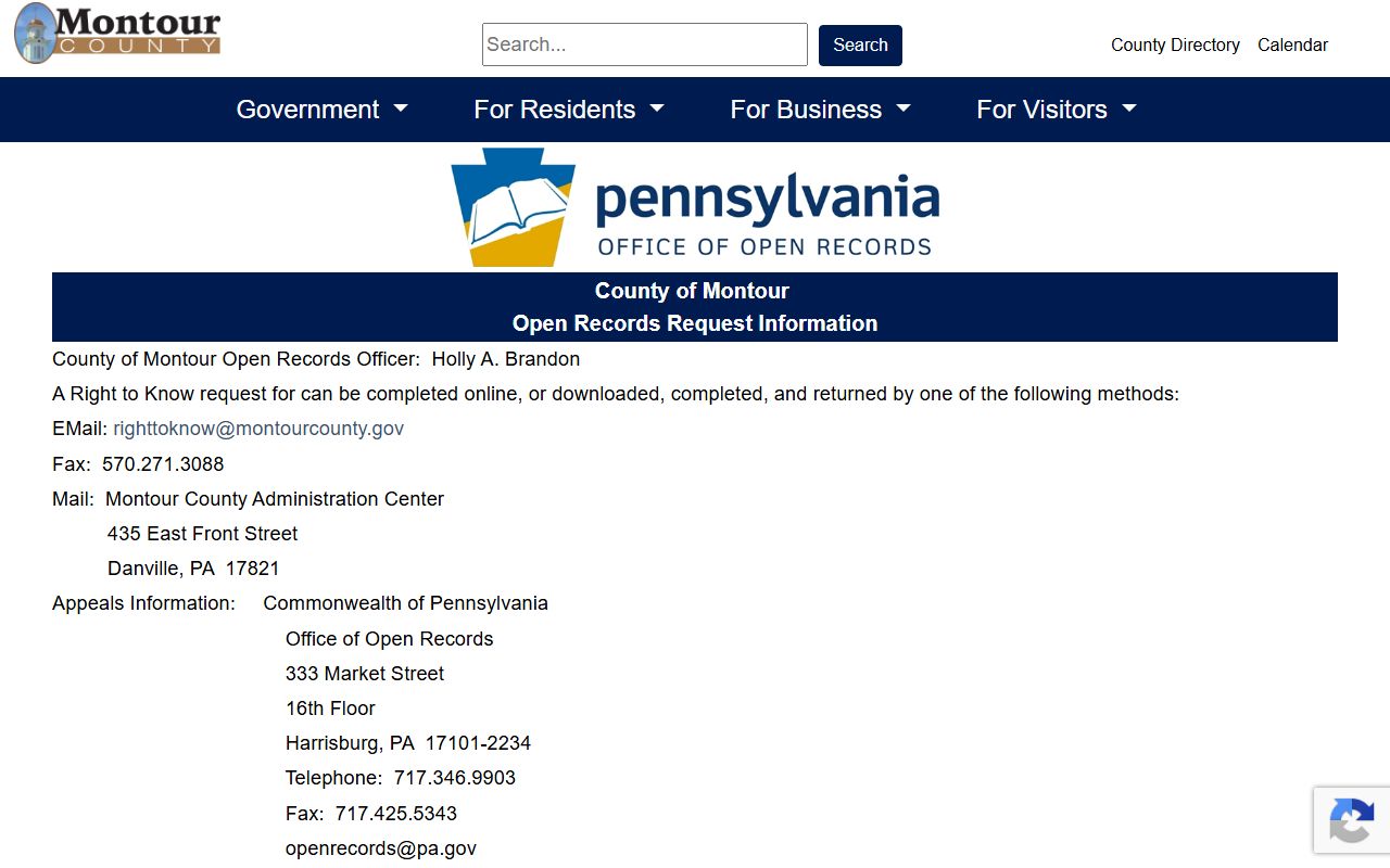 Montour County inmate records Right-to-Know request form