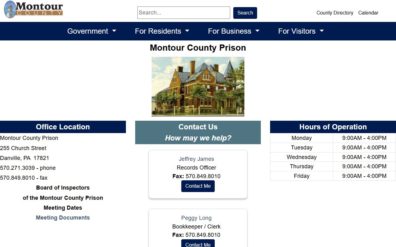 Montour County Prison official inmate population and facility information page